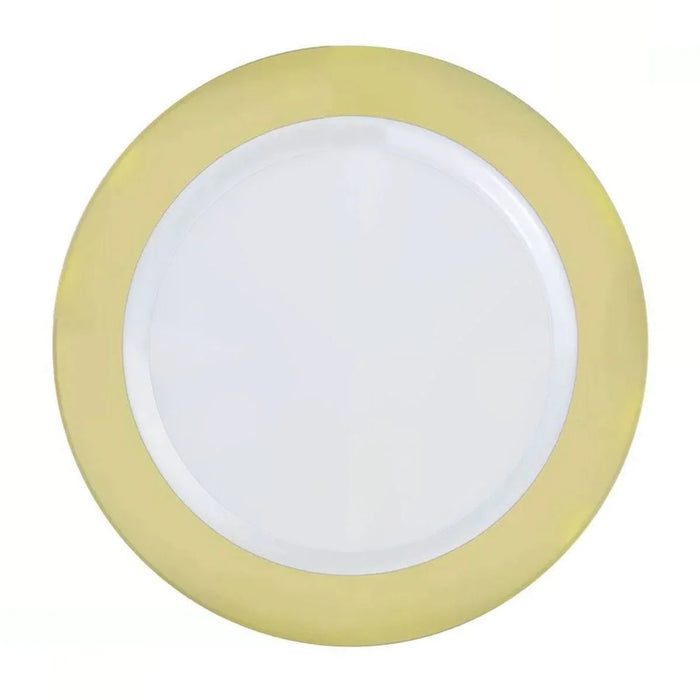 White ceramic dinner plate with a soft yellow-gold rim, shown from above against a white background.
