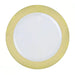 White ceramic dinner plate with a soft yellow-gold rim, shown from above against a white background.