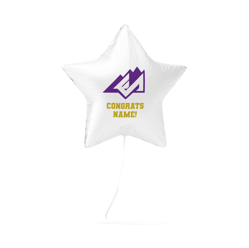 White star-shaped foil balloon with a purple geometric logo and yellow text reading "CONGRATS NAME!" on the front.