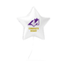 White star-shaped foil balloon with a purple geometric logo and yellow text reading "CONGRATS NAME!" on the front.