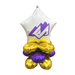 White star-shaped foil balloon with purple lightning bolt logo topped with gold shell balloons and a purple shell balloon arranged in a decorative cluster.