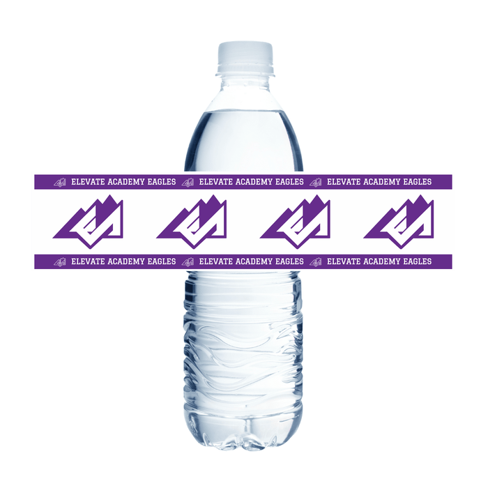 Clear water bottle with purple labels and logo on a white background