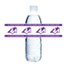 Clear water bottle with purple labels and logo on a white background
