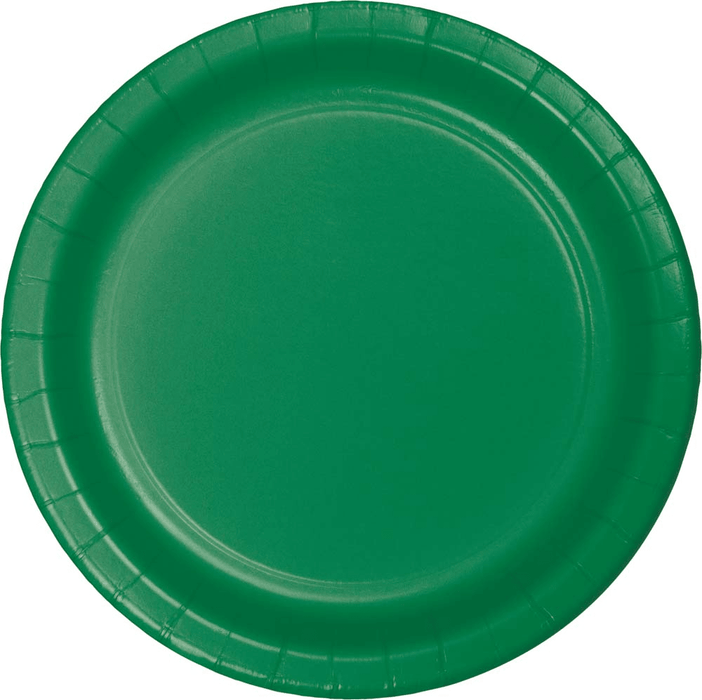 Emerald green disposable paper plate with a ribbed rim and concentric circle design on the center surface.