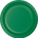 Emerald green disposable paper plate with a ribbed rim and concentric circle design on the center surface.