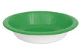 White disposable paper bowl with a wide emerald green rim, shown from a slight overhead angle.