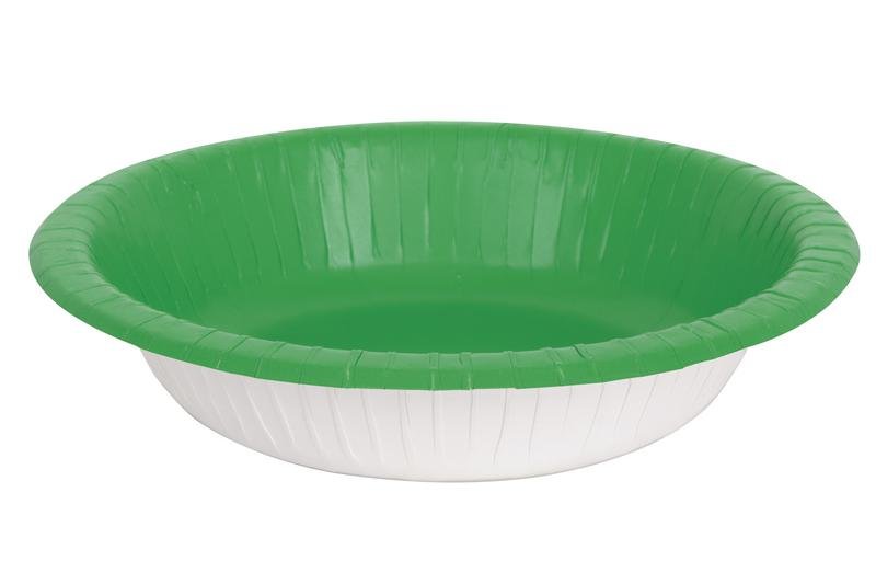 White disposable paper bowl with a wide emerald green rim, shown from a slight overhead angle.
