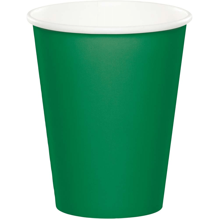 Green paper cup with white interior rim, 9 ounce capacity, designed for hot or cold beverages.