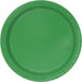 Bright emerald green round paper plate with a slightly recessed center and textured rim, shown from above.