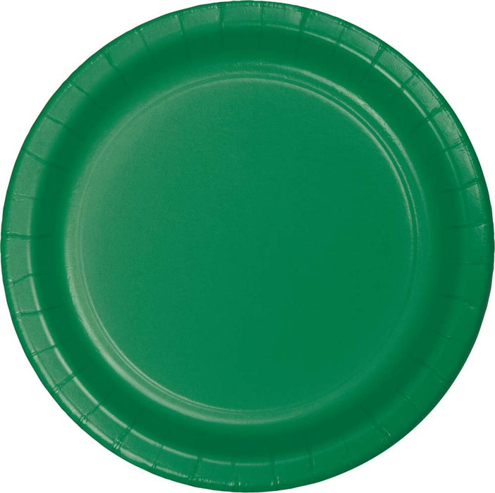 Emerald green disposable paper plate with ridged rim and concentric circle design, shown from above.