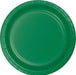 Emerald green disposable paper plate with ridged rim and concentric circle design, shown from above.