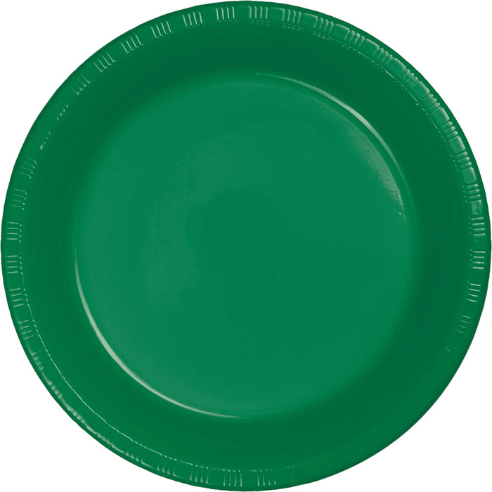 Emerald green disposable dinner plate with ridged edges and a raised rim, shown from above against a white background.