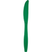 Single emerald green plastic knife with serrated edge and tapered handle shown against white background.