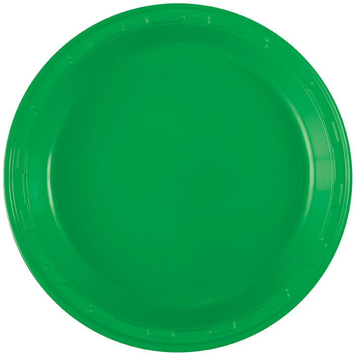 Emerald green plastic dinner plate with a smooth center and ridged rim, shown from above against a white background.