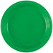 Emerald green plastic dinner plate with a smooth center and ridged rim, shown from above against a white background.