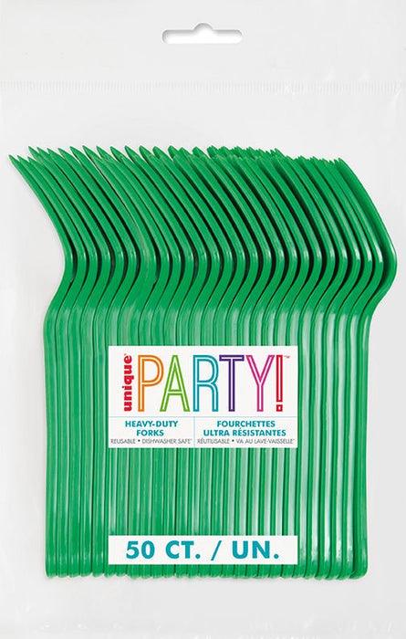 Package of 50 emerald green heavy-duty plastic forks with colorful "Party!" branding and text indicating they are reusable and dishwasher safe.