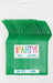 Package of 50 emerald green heavy-duty plastic forks with colorful "Party!" branding and text indicating they are reusable and dishwasher safe.