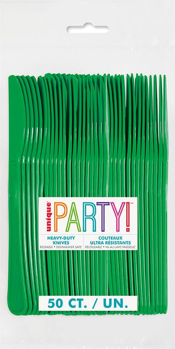 Package of 50 heavy-duty emerald green plastic knives with "PARTY" branding and text indicating ultra-resistant quality on the label.