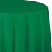 Emerald green round tablecloth with elegant draping and soft folds cascading down the sides.