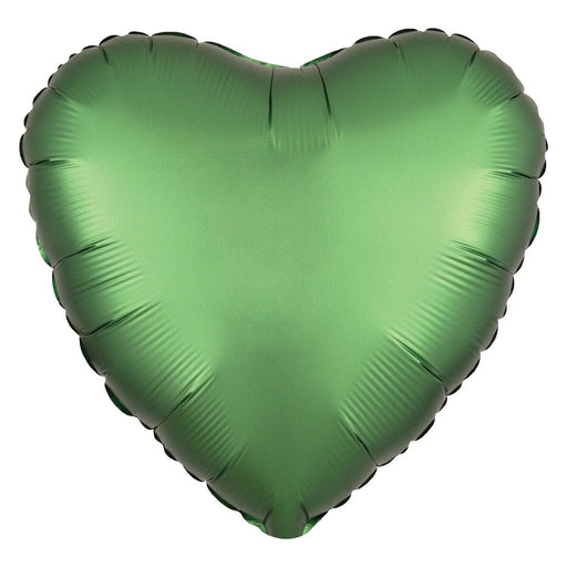 Emerald green satin heart-shaped foil balloon with a scalloped edge and reflective finish against a white background.