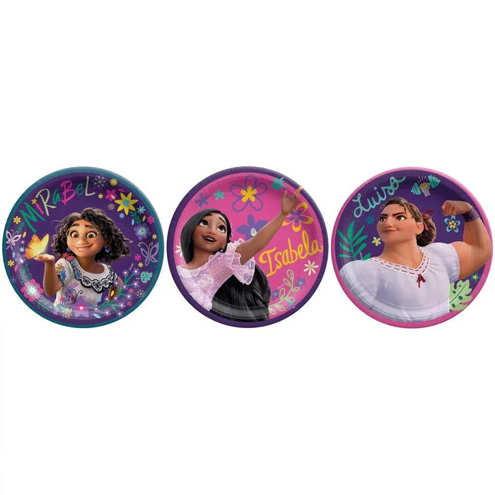 Three round paper plates featuring colorful Disney Encanto characters with floral designs on purple, pink, and magenta backgrounds.