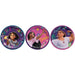 Three round paper plates featuring colorful Disney Encanto characters with floral designs on purple, pink, and magenta backgrounds.