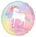 Round pastel rainbow mylar balloon featuring a white unicorn with pink and gold mane, flower crown, and "Birthday Wishes" text surrounded by colorful stars.
