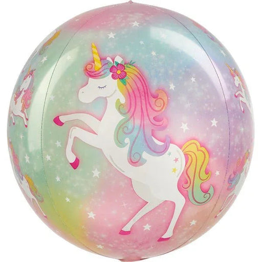Pastel rainbow sphere balloon featuring a white unicorn with pink and yellow mane and tail, surrounded by small white stars on a gradient background.