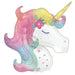 Colorful gradient unicorn head balloon with pink mane, yellow horn, closed eyes, flower details, and scattered stars on white face.