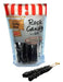 A clear plastic pouch with red and white striped top displays black rock candy sticks labeled "Rock Candy on a Stick," with one stick shown separately below the package.