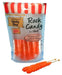 Red and white striped pouch of rock candy on sticks with orange-colored crystals, showing one stick displayed in front of the package.