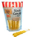 Package of eight yellow rock candy sticks with red and white striped awning design and old-fashioned candy shop label, with one stick displayed in front.