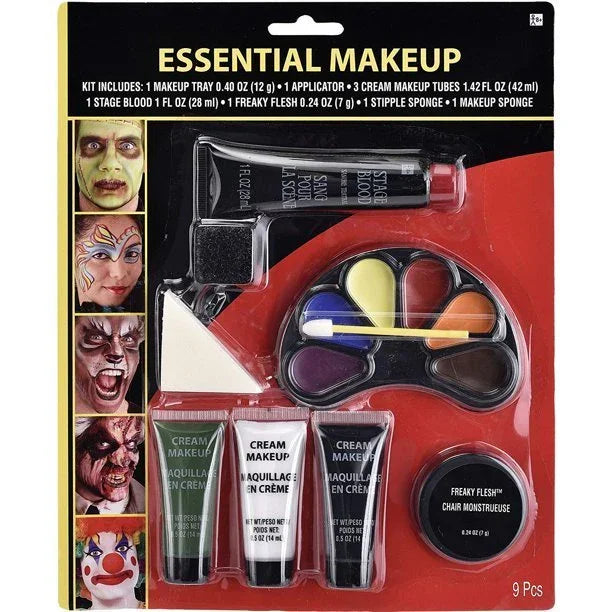 Essential Makeup Kit containing nine pieces including a black makeup tray, three cream makeup tubes, colorful eyeshadow palette, applicators, sponges, and stage blood in a syringe, displayed on red packaging with costume makeup examples on the left.