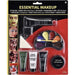Essential Makeup Kit containing nine pieces including a black makeup tray, three cream makeup tubes, colorful eyeshadow palette, applicators, sponges, and stage blood in a syringe, displayed on red packaging with costume makeup examples on the left.