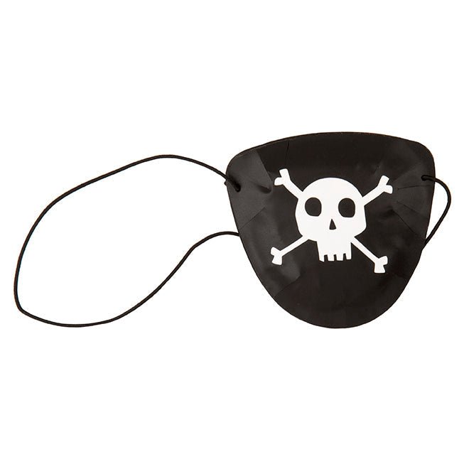 Black pirate eye patch with white skull and crossbones design and adjustable string strap.