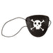 Black pirate eye patch with white skull and crossbones design and adjustable string strap.
