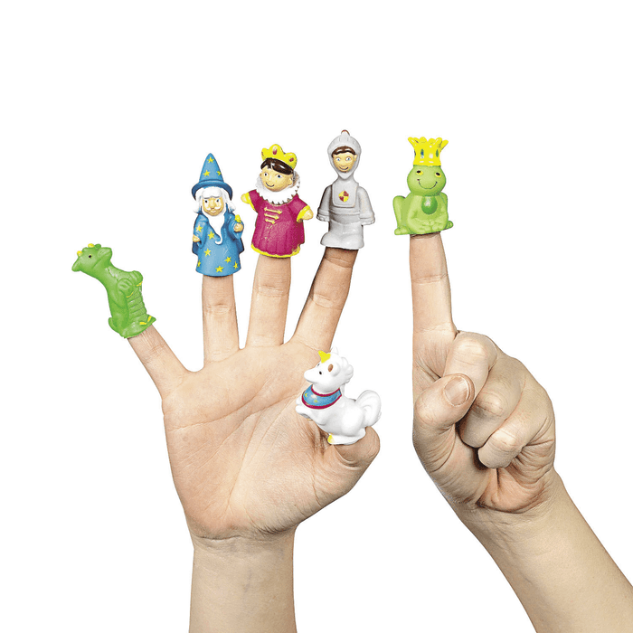 Two hands display six colorful finger puppets including a green dragon, blue wizard, king in purple, knight in gray armor, crowned frog, and white unicorn, representing a fairy tale character set.