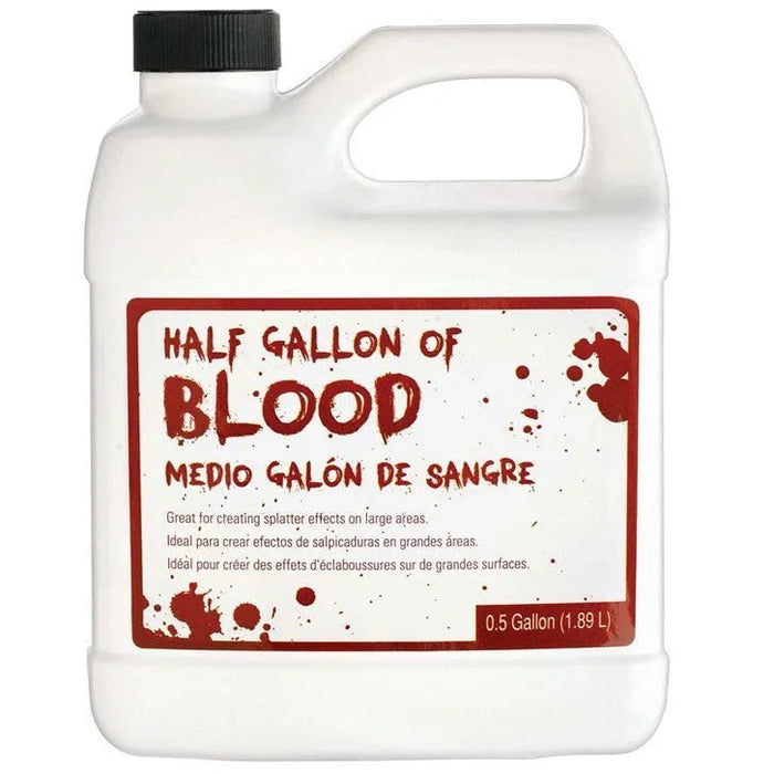 White plastic jug with black cap containing red fake blood product, labeled "Half Gallon of Blood" with bilingual text and splatter graphics.