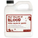 White plastic jug with black cap containing red fake blood product, labeled "Half Gallon of Blood" with bilingual text and splatter graphics.