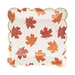 Cream square paper plate with scalloped edges featuring scattered red and orange maple leaf designs throughout.