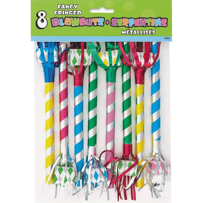 Eight metallic noisemakers with spiral-striped paper tubes in blue, green, pink, and yellow, each topped with a fancy fringed paper crown in coordinating diamond patterns.