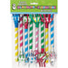 Eight metallic noisemakers with spiral-striped paper tubes in blue, green, pink, and yellow, each topped with a fancy fringed paper crown in coordinating diamond patterns.