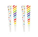 Four colorful party horns with white bases, two featuring multicolored polka dots and two with diagonal rainbow stripes in red, orange, yellow, green, purple, blue, and cyan.