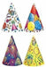 Four colorful cone-shaped party hats with different printed designs: music and sports themes, balloons and confetti, fireworks patterns, and smiley faces on yellow background.