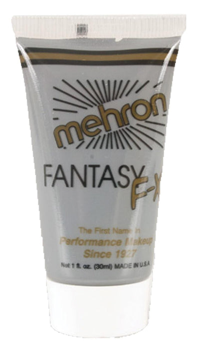 White tube with grey label featuring gold "mehron" and "FANTASY" text, radiating lines design, 1 fl oz size, made in USA.