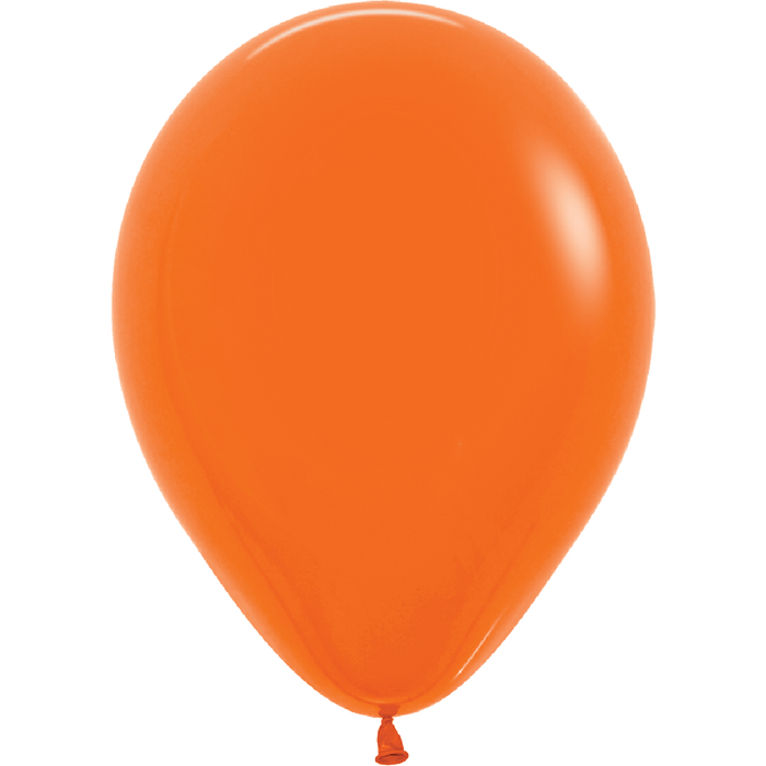 Single orange latex balloon with a rounded teardrop shape and tied knot at the base, displayed against a white background.