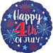 Round navy blue mylar balloon with "Happy 4th of July" in white and red text, decorated with red, white, and blue fireworks and stars.