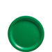 Bright green round paper plate with a ribbed rim, shown from above against a white background.