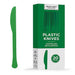 Green heavy duty plastic knife displayed next to its packaging box labeled "Plastic Knives" with "20 per pack" indicated on the front.