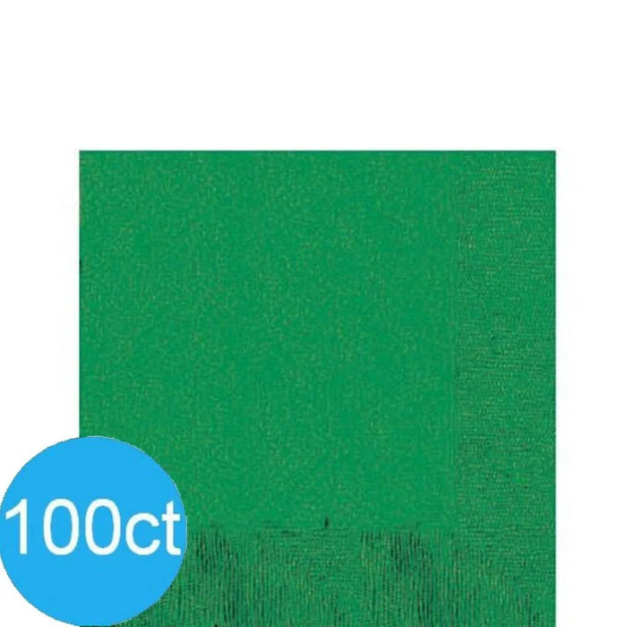 Bright green paper napkins with a textured surface, packaged as a 100-count bundle for parties and events.